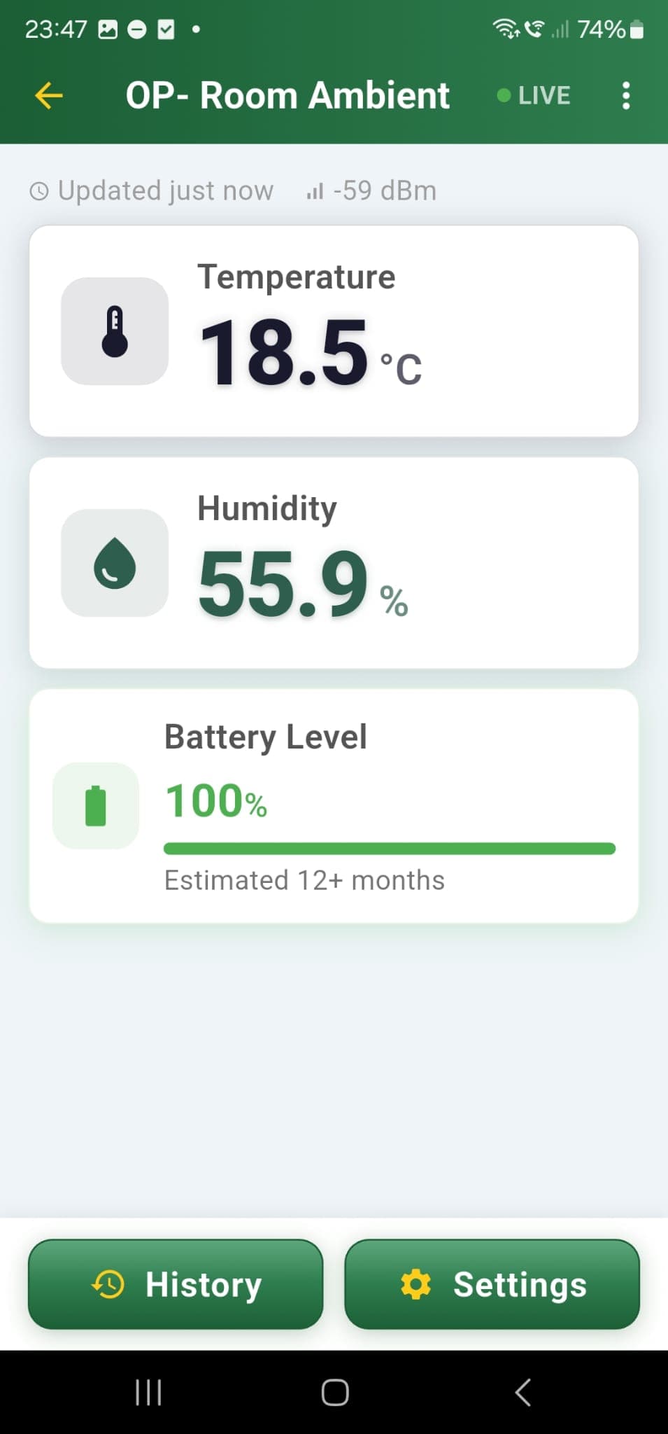 Origin Monitor app showing live temperature, humidity and battery for a sensor