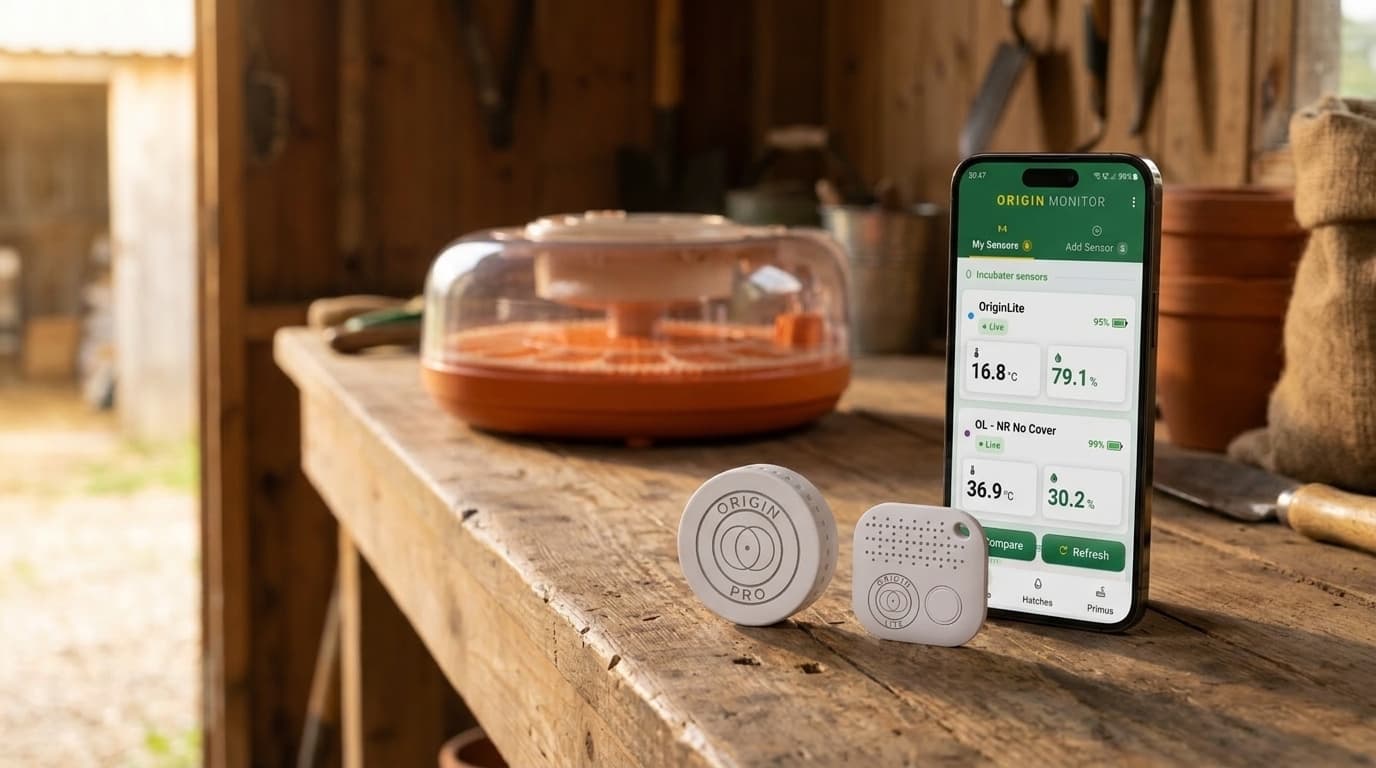Origin Pro and Origin Lite sensors on a rustic workbench beside an incubator and a phone showing the Origin Monitor app